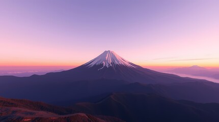 A magical sunrise over Mount Fuji, soft pink and purple sky, rendered in 3D voxel pixel art, using natural earth tones, browns, beiges, muted colors, dreamy atmosphere