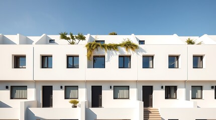 A minimalist row house with geometric design, clean white facades, and a rooftop garden, depicted with strong hard light, creating direct and harsh shadows