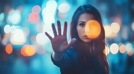 Urban female figure rejecting something in a vibrant night scene.