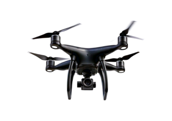 A black flying drone isolated on transparent or white background