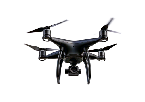 A black flying drone isolated on transparent or white background