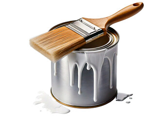 An open paint can and brush with White paint dripping, isolated on transparent or white background