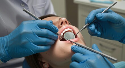 Close Up of Dentist Examining Patient Teeth with Dental Tools in Brightly Lit Clinic Room