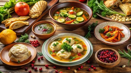 A Bountiful Harvest Feast Featuring a Diverse Array of Savory Soups, Steamed Dumplings, and Fresh Vegetables