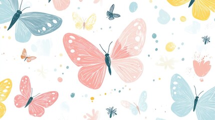 Pastel butterflies fluttering, spring garden, nature background; design