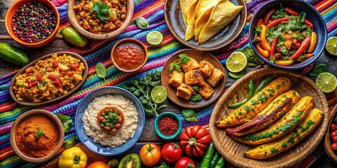 A vibrant overhead shot showcasing an array of colorful and diverse dishes, served on rustic wooden platters and a brightly patterned textile, featuring various vegetable and grain-based cuisines.