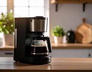 A modern drip coffee maker brews fresh coffee on a wooden kitchen counter in a cozy, sunlit home environment.