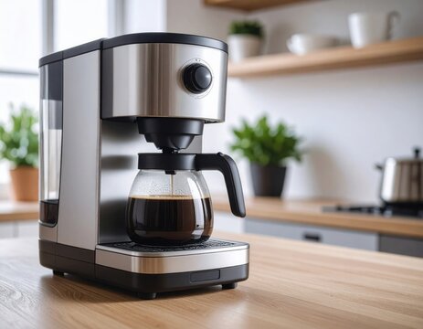 A modern drip coffee maker brews fresh coffee in a stylish kitchen with wooden countertops and plants in the background.