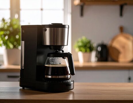 A modern drip coffee maker brews fresh coffee on a wooden kitchen counter in a cozy, sunlit home environment.