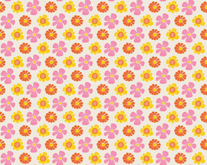 Flower Pattern Background Design Seamless Texture Petal Bloom Spring Floral Ornament Decoration Retro Pink Yellow Orange cheerful floral repeat pattern with doodle-style colorful flowers in vintage
