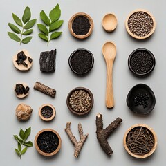 Assorted natural ingredients arranged in a grid pattern
