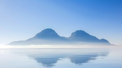 Obraz premium Serene Reflections: Mountains shrouded in mist over calm, mirrored lake surface