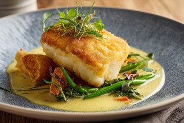 Classic fried skrei cod with vegetable chips and seaweed in lemon coconut sauce presented in a modern dish with empty space