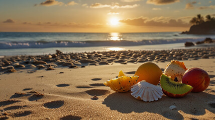Obraz premium Sunset at the beach with a basket of tropical fruits. 