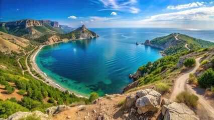 Obraz premium Stunning Aerial Tilt-Shift: Blue Bay & Golitsyn Trail, Crimea, Summer