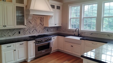 Fototapeta premium Modern kitchen with herringbone patterned backsplash and granite countertops.