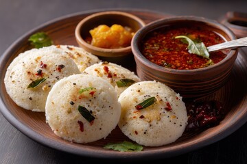 Classic South Indian idly with sambar and chutney on a ceramic plate