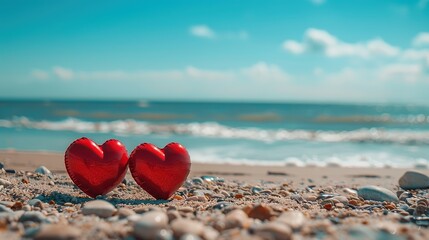 Fototapeta premium a pair of two red hearts on the beach, with a blue sea background.