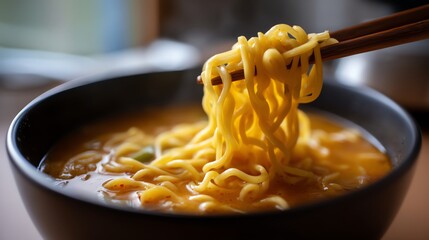 Eating Hot Noodle Soup with Chopsticks in a Black Bowl