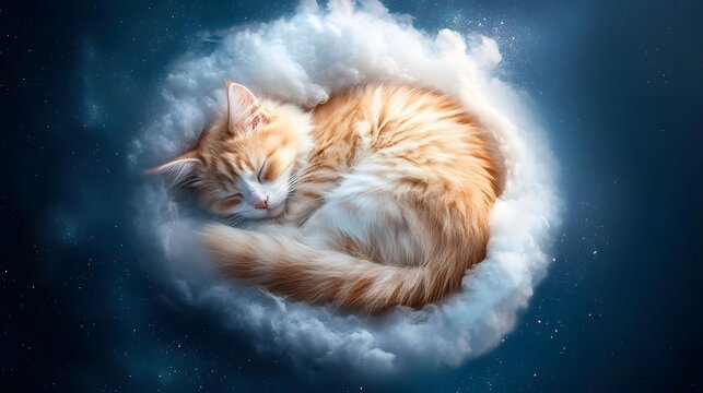 Giant cat sleeping peacefully around the moon fantasy dreamscape night serene