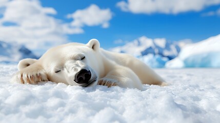 Sleeping Polar Bear on Snow with Blue Sky Background