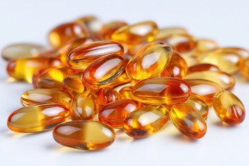 Close up of a pile of Omega 3 capsules on a white surface high resolution