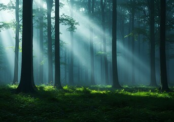 Obraz premium Enchanted Foggy Forest with Sunbeams Breaking Through 