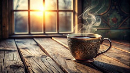 Aromatic Steam Rising from Ornate Mug on Rustic Wooden Surface Near Sunlit Window