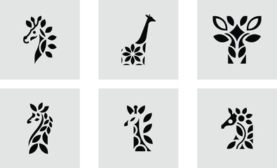 Giraffe logo with floral decoration logotype  stylish vector art set design
