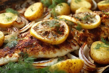 Close up of flounder baked with potatoes onion and lemon