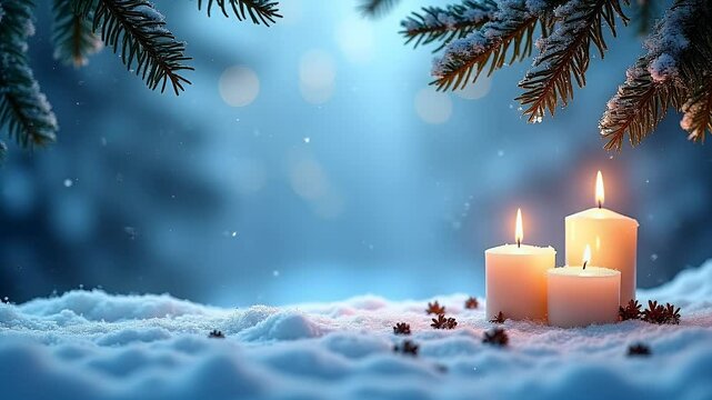 m83 Festive Blue Snow Christmas Greeting Card with a Border of Fir Branches and Burning Candles