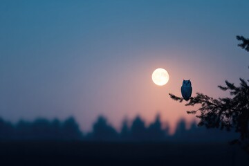 Obraz premium lone owl perched silently on tree branch at night moon illuminated partially in background