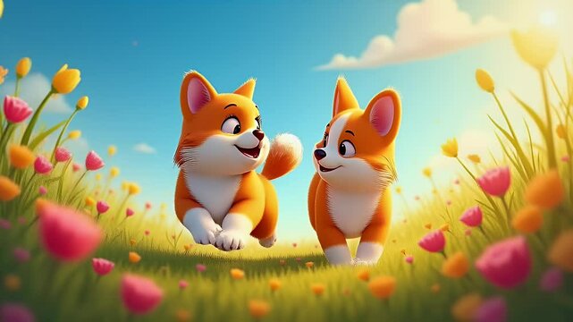 Feline and Canine Companions Playfully Running Through a Brightly Lit Flower Meadow - Happy Pets Enjoying a Sunny Day Outdoors