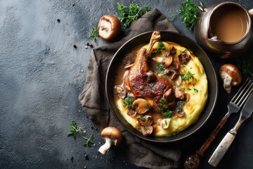 Confit duck legs with gratin potatoes and mushroom sauce Restaurant dish Empty area Overhead view