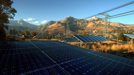 Solar panels in a scenic landscape with mountains and power lines under a clear sky