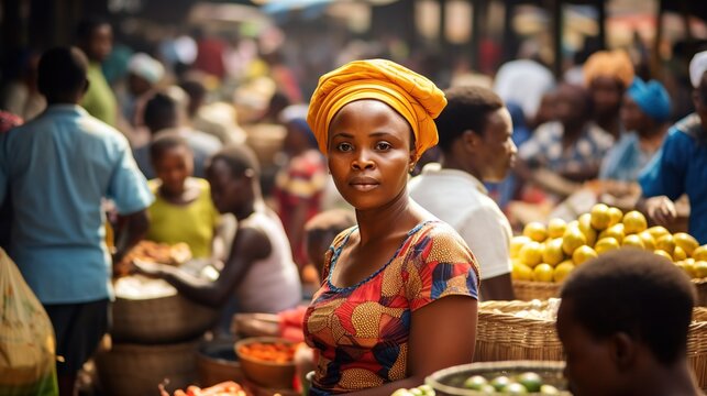 Woman in a Yellow Headscarf at a Busy Market