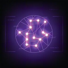 Abstract Purple Network Glowing Nodes and Wireframe within Circular HUD