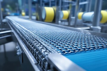 Obraz premium Conveyor system using rubber belts and stainless steel mesh for transporting materials in industrial production