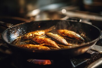 Cooking rudd fish in a pan at a restaurant Tasty fish recipe