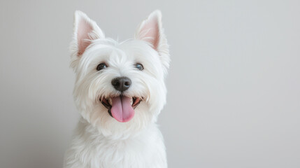 Happy West Highland Terrier dog with fluffy white coat and perky ears sits in front of plain white background, looking directly at camera with its tongue out