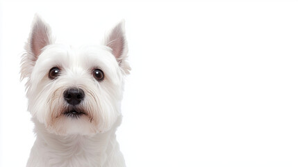 West Highland Terrier dog with curious expression is set against plain white background, highlighting its fluffy white fur and alert ears