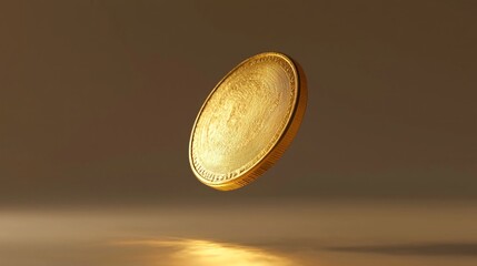 A single golden coin rotating mid-air in a realistic 3D render.