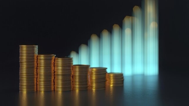 Gold coins stacked in ascending order alongside a glowing blue bar graph.