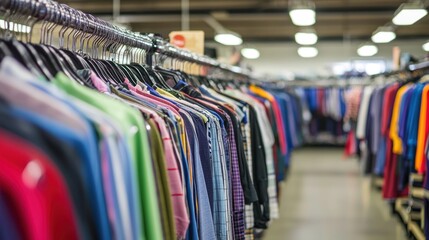 A bright retail store with rows of clothing racks and neatly folded shirts.