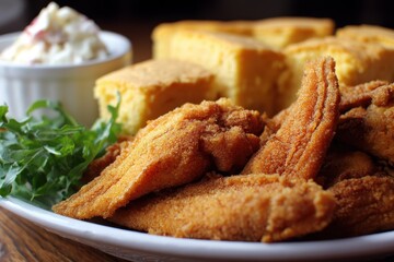 Cornmeal seasoned fried catfish and cornbread dipped in buttermilk a Southern classic