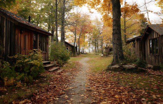 Autumn Path Through Rustic Wooden Cabins in a Colorful Fall Forest