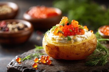 Creamy potato dish topped with pike caviar Culinary photography Dining establishment Gourmet treat