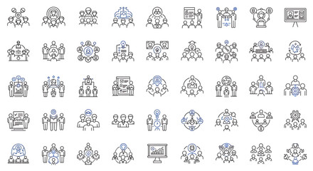 A comprehensive set of linear icons illustrating various aspects of teamwork, collaboration, group dynamics, and business interactions.