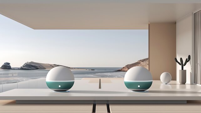 Minimalist coastal scene with futuristic spherical lamps illuminating serene ambiance