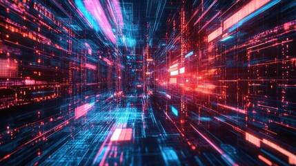 Obraz premium Futuristic digital network tunnel with vibrant glowing lines and interconnected nodes